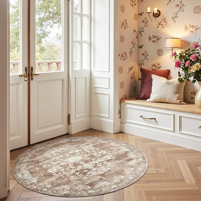 jinchan Round Rug 4ft Area Rug - Brown Vintage Floor Mat Kitchen Indoor - Washable Circle 4' Thin Floral Print Carpet Retro Farmhouse Non Slip Dining Room Living Room Bedroom Office
