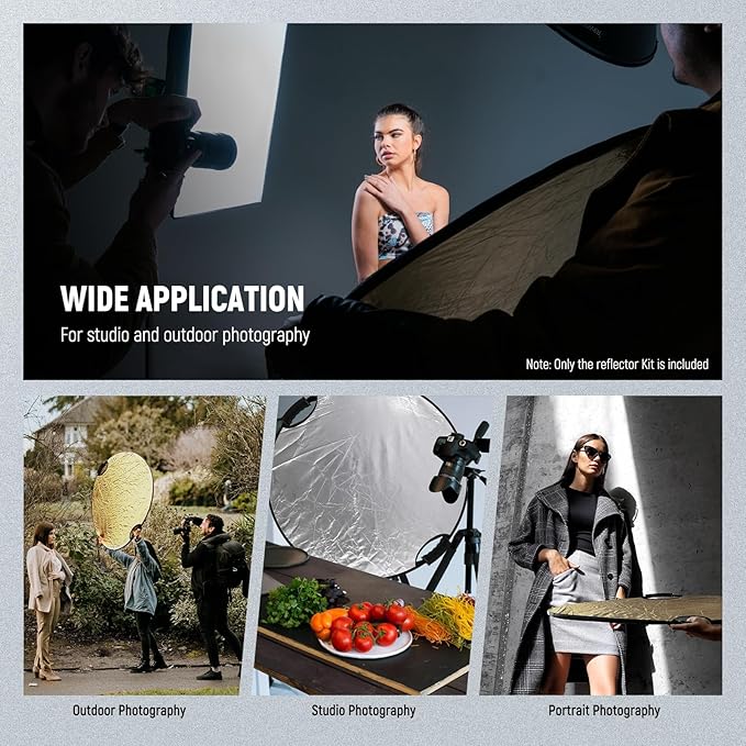 NEEWER 51"/130cm Light Reflector with Handle Grip & 3/8" Thread, 5 in 1 Foldable Disc Light Diffuser Translucent/Silver/Gold/White/Black for Photography Lighting, Outdoor Lighting, RF-130II