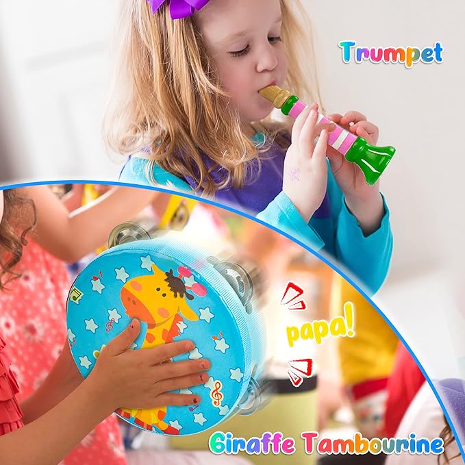 Kids Musical Instruments, 12pcs Wooden Musical Toys for Toddlers 2-4 with Xylophone Maracas Tambourine, Educational Baby Musical Toys Birthday Gift for 2 3 4 5 Years Old Girls Boys