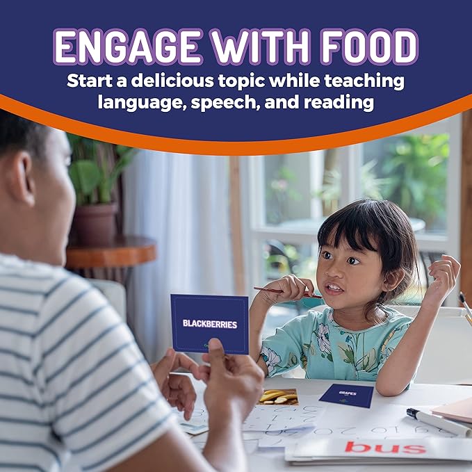 50 Food Double Sided Flash Cards - Nutritious Fruits, Heathly Vegetables, Yummy Desserts & Snacks - Educational Learning Picture Cards for Kids, Adults, Speech Therapy, ESL, ABA, Autism, Dementia
