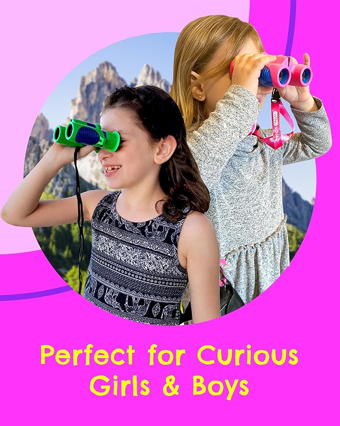 Kids Binoculars 8x21 Pink- Girls Age 3-12, Shock Proof Compact Binoculars for Kids Set- Neck Strap, Compass, Carabiner, Case- High-Resolution Optics Child Gift Toy for Bird Watching, Hiking, Spy