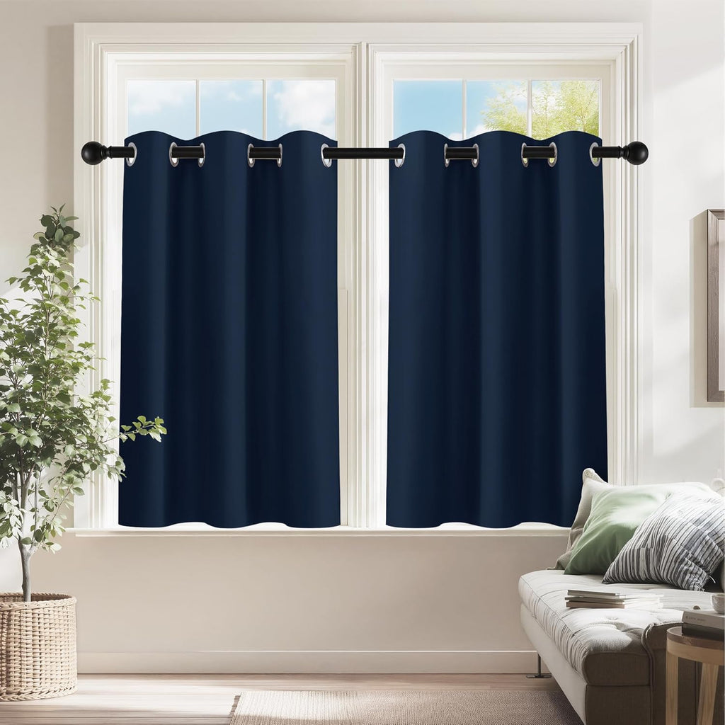 PONY DANCE Navy Blue Blackout Short Curtains for Kitchen, Room Darkening Half Window Treatment Energy Saving Privacy Grommet Drapes for RV Bathroom Basement(2 Panels, W 34 x L 36 inches)