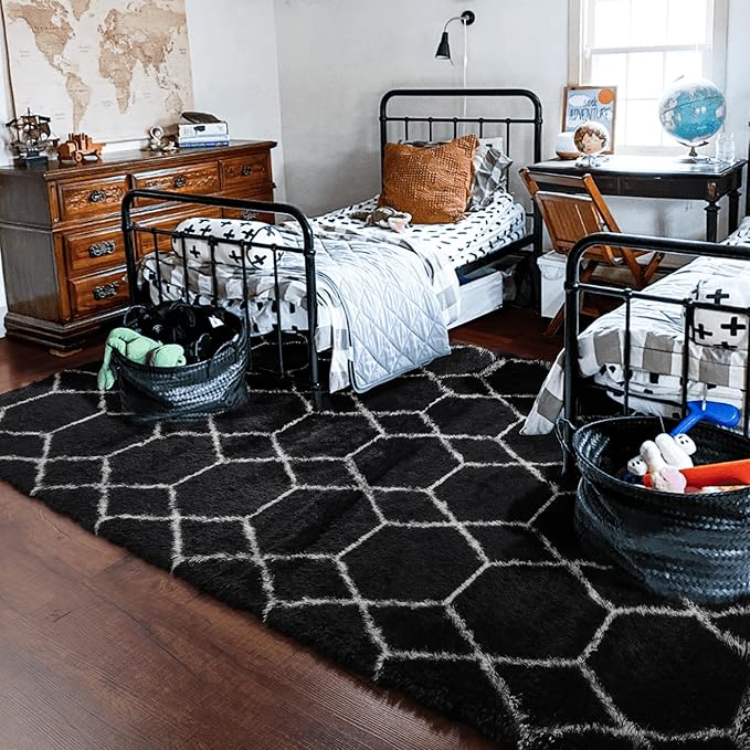 ONASAR 8x10 Area Rugs for Living Room, Fluffy Black and White Bedroom Rug, Washable Geometric Boho Large Soft Plush Shaggy Fuzzy Floor Carpet for Nursery Kids Classroom Playroom Dorm Home Decor