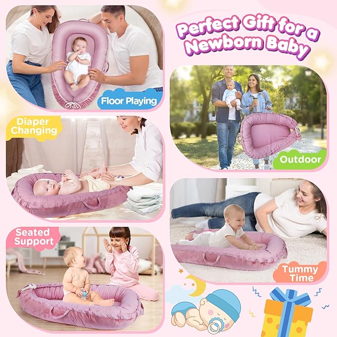 Baby Lounger - Baby Lounger for Newborn 0-24 Months, Breathable & Soft Cotton and Velvet Cover Baby Nest, Portable Tummy Time Lounger for Home and Travel, Ideal Baby Essentials & Shower Gifts