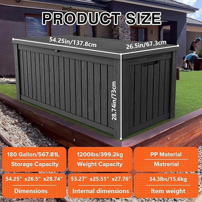 180 Gallon Waterproof Deck Box, Lockable Resin Storage Box for Patio Furniture Cushions Garden Tools and Outdoor Delivery Storage, Black