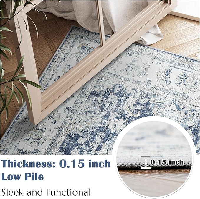 jinchan 4x6 Area Rugs for Bedroom - Machine Washable Distressed Vintage Floral Design Stain Resistant Boho Carpet Ultra-Thin Low Pile Non-Slip Rug for Living Room Dining Room Kitchen (4‘x6',Dark Blue)