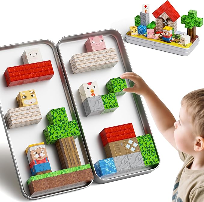 Magnetic Tiles Farm Animals Travel Toys, 35PCS Magnetic Blocks for Kids Ages 3-8, Portable STEM Building Cubes with Metal Storage Box, Toddler Learning Toys for Ages 3-5