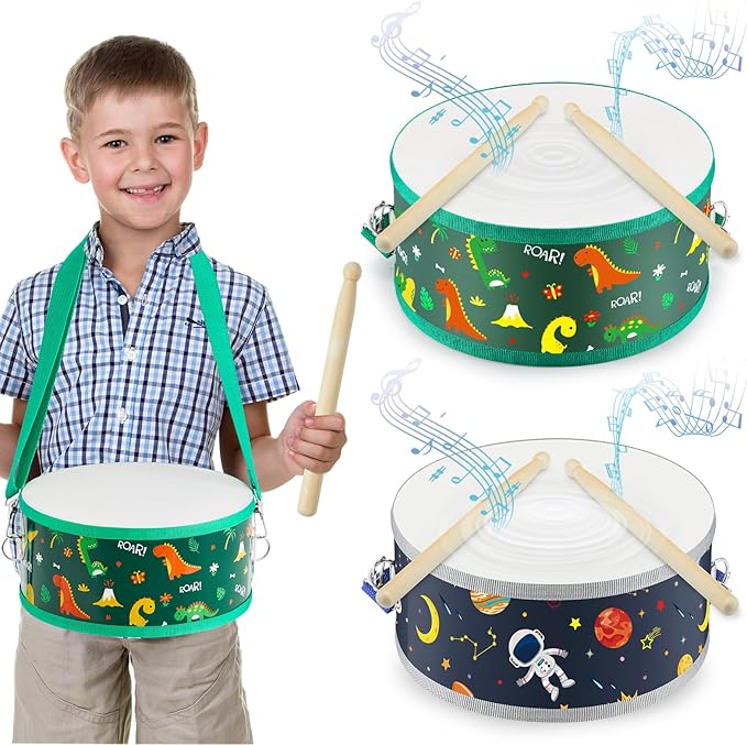 Boao 1 Pc Kids Drum Set, 8 Inch Toddler Drum Wooden Toy with Adjustable Strap and 4 Drumsticks, Educational Sensory Musical Instrument for Toddlers Kid Baby Boys Girls Gift (Dinosaur)