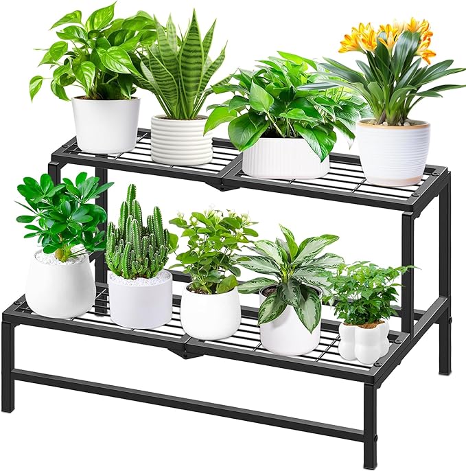 2 Tier Plant Stand Indoor Outdoor, Heavy Duty Metal Tall Plant Shelf for Multiple Flower Planter Holder, Ladder Pot Display Rack for Patio Garden Corner Balcony Living Room (Black)