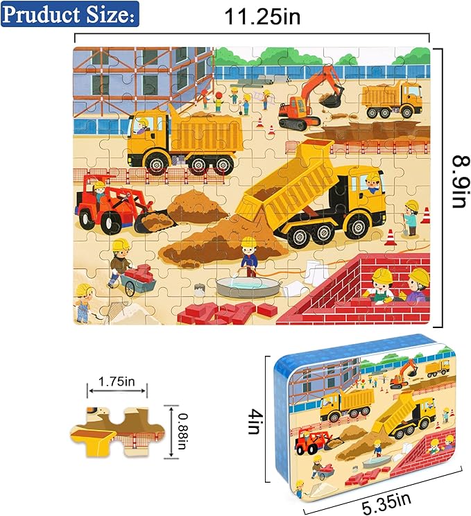 LELEMON 100 Pieces Jigsaw Puzzles in a Metal Box for Kids Age for 4-8 Boys Girls Toy Puzzles Construction Site Vehicles Children Learning Educational Puzzles Toys