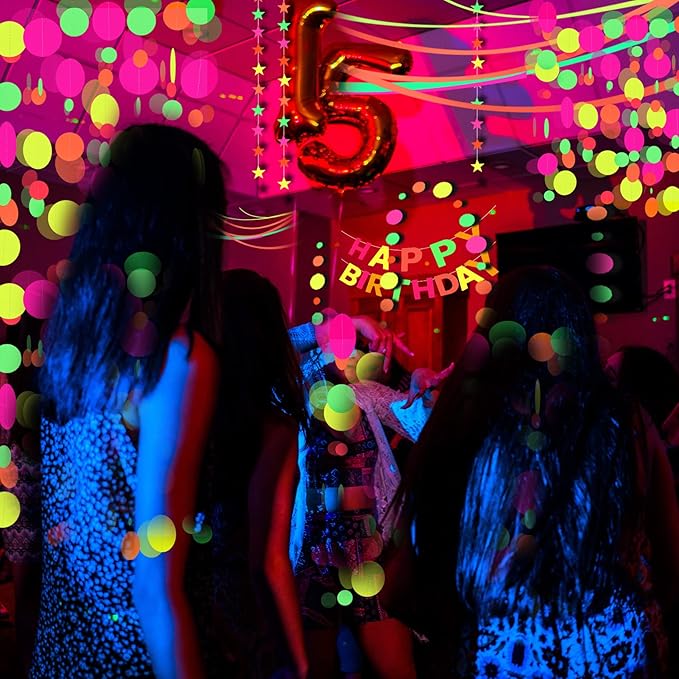 108feet Paper UV Round Dot Neon Garland Blacklight Reactive Glow in The Dark Party Supplies Streamers Glow Fluorescent Hanging Circle Dots Banners for Wedding Birthday Neon Party Decorations