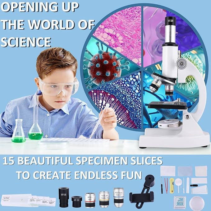 Microscope for Kids 40X-2000X Magnification, Microscope for Kids 8-12 Years with LED Fill Light, Cell Phone Holder, Great for School Labs and Homeschooling