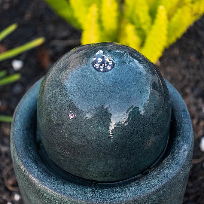 XBrand 25.98" H Round Stone Indoor/Outdoor Modern Stone Textured Sphere Water Fountain w/LED Lights, Ball Fountain Decor, Dark Green
