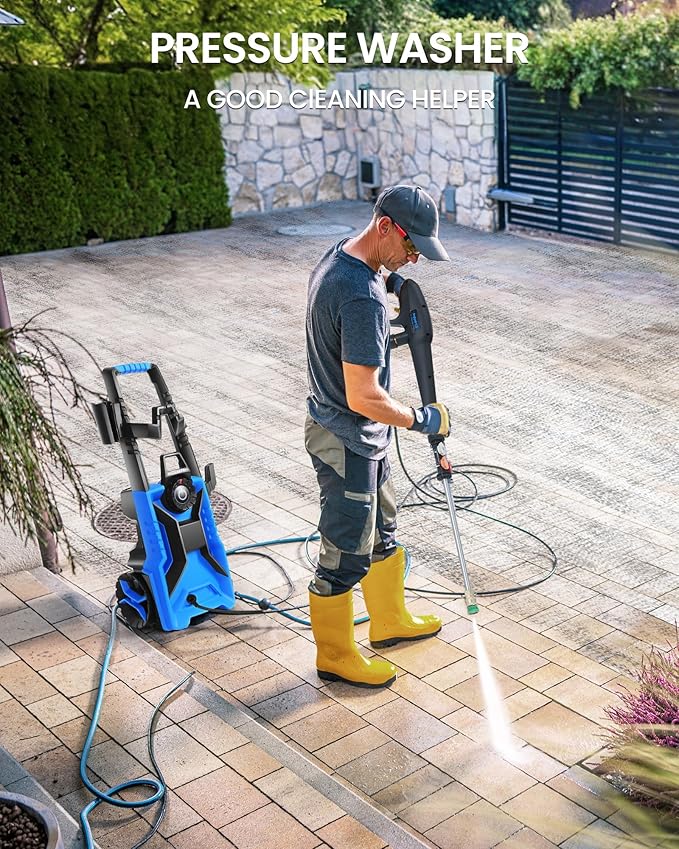 Pressure Cleaner High Power Cleaner with 33ft Pressure Hose, 4 Nozzles and 500ml Foam Cannon for Cars/Fences/Driveways/Patios/Home Cleaning (Light Blue)