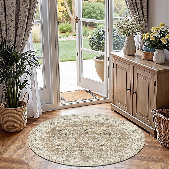 jinchan Round Rug 5ft Area Rug - Indoor Vintage Hallway Circle 5' Washable - Ultra-Thin Low Pile Soft Small Non Slip Distressed Floral Print for Living Room Dining Room Bedroom Entryway Taupe