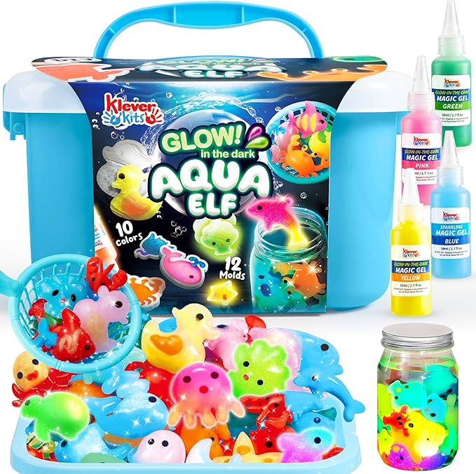 Klever Kits Glow-in-The-Dark Water Gel Kit, Crafts Magic Fairy Water Pets Toy Kit with 10 Gels(7 Glow-in-The-Dark Gels), 12 Molds, Preserving Bottle, DIY STEM Craft Kits, Arts and Crafts for Kids