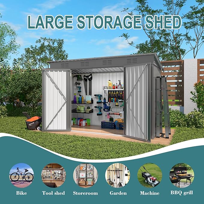 4 * 9.2 * 6 FT Outdoor Storage Shed, Galvanized Steel Garden Shed with Lockable Door & Window, Waterproof Metal Tool Storage for Garden, Backyard, Patio, Lawn(Gray)