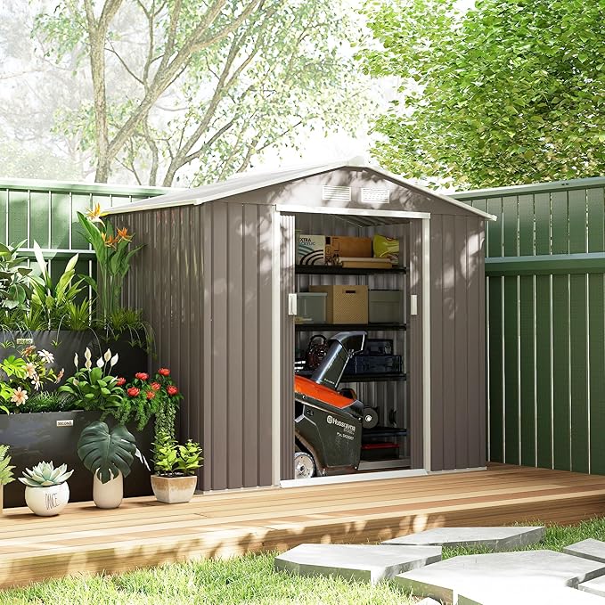 Outsunny 7' x 4' Outdoor Storage Shed, Garden Tool Metal Shed with Foundation Kit, Double Lockable Door, Air Vents and Sloping Roof, for Backyard, Patio, Lawn, Gray
