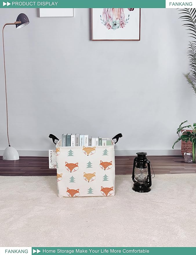 FANKANG Square Nursery Hamper Storage Bins Canvas Laundry Basket Foldable with Waterproof PE Coating Storage Baskets Gift Baskets for Children, Office, Bedroom, Clothes（Square-Fox）