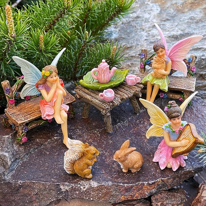 Mood Lab Fairy Garden - Miniature Figurines & Accessories Starter Kit - Fairy Garden Set of 12 pcs - Outdoor or House Decor