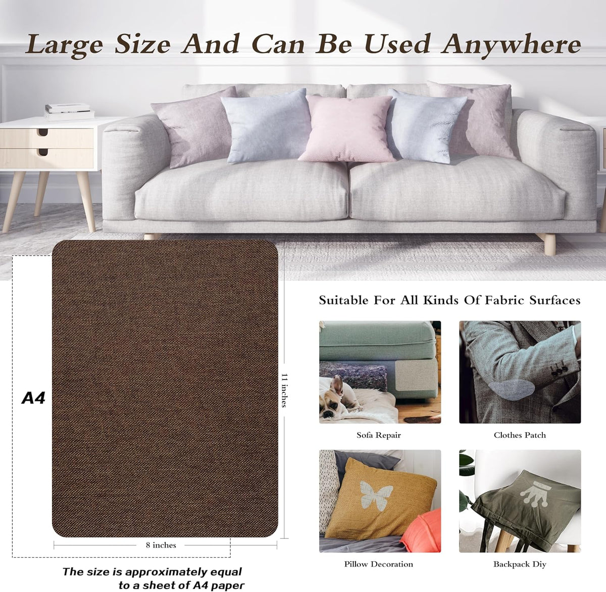 KING MOUNTAIN Coarse Linen Repair Patches, Self-Adhesive Linen Fabric Patches, 8X11 inch 2 PCS, Multi Color, Can be Used for Linen Sofa Repair and Linen Clothes Repair(8" x 11"-2PCS,Coffee Brown)