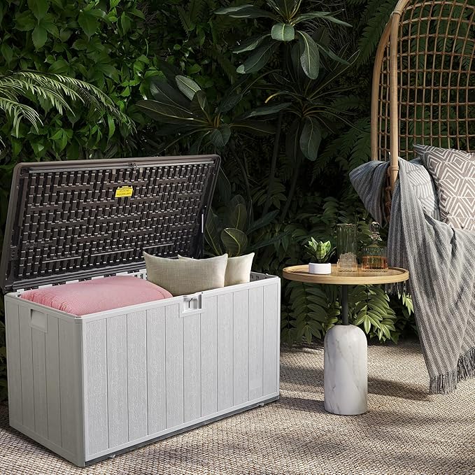 110 Gallon Pro Outdoor Storage Box Waterproof Lockable Deck Box Large, Patio Storage Bin for Pool Accessories Cushion Furniture, Garden Tools, UV-Resistant Outside Delivery, Grayish Brown