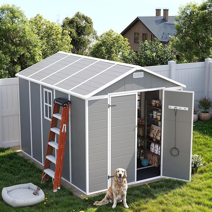 UDPATIO Storage Shed 8 x 10 FT, Resin Sheds & Outdoor Storage with Floor Large Clearance Outdoors Plastic Garden Tool Shed Tuff Outside Cottage Shed with Lockable Door for Bike, Garbage Gray White