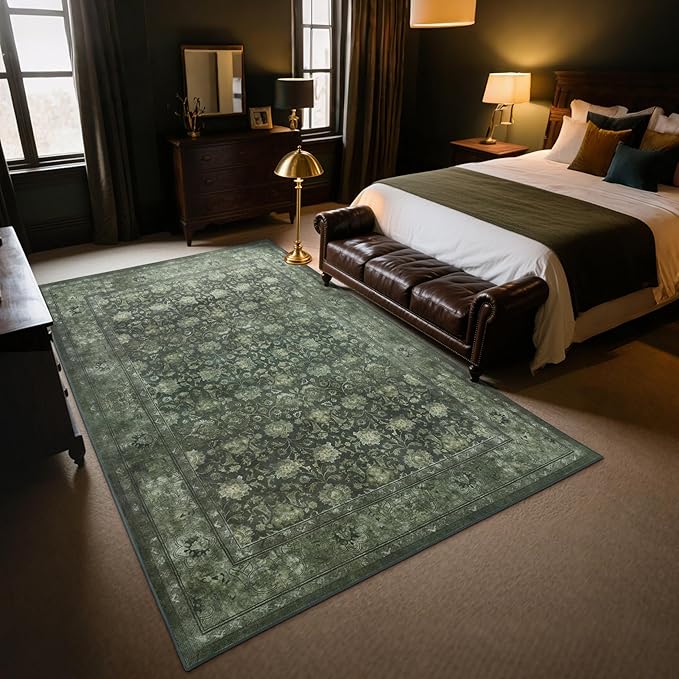 5x7 Washable Area Rug for Living Room, Non Slip Vintage Floral Rugs for Bedroom, Retro Indoor Floor Carpet for Kitchen, Dining Room, Farmhouse, Classroom (Distressed Green)