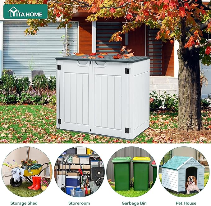 YITAHOME Extra Large Outdoor Horizontal Storage Shed, 4.5x4ft Resin Tool Sheds w/o Shelf, Easy to Assemble Waterproof Storage for Trash Cans, Garden Tools, Lawn Mower, Lockable, Light Gray