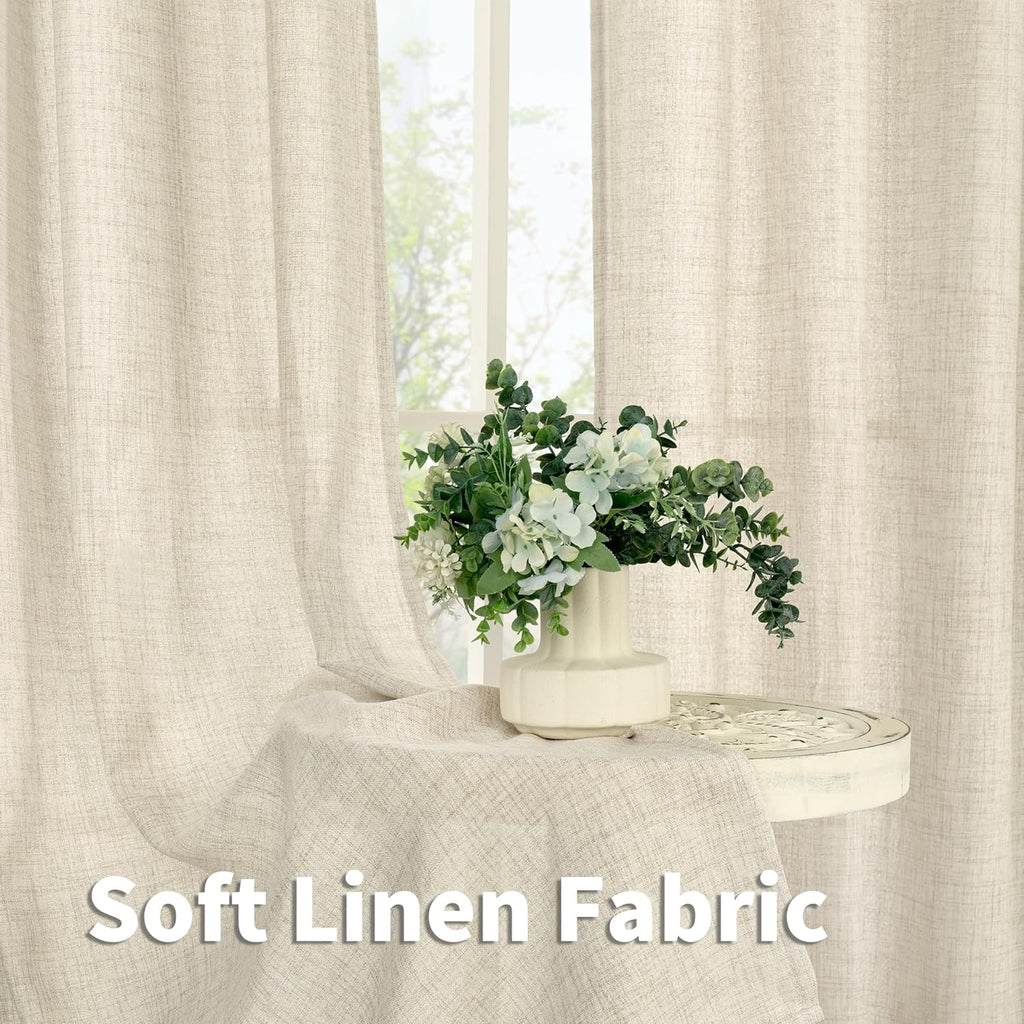 YoungsTex Linen Curtains 45 Inch Length for Kitchen Window, Cream Short Semi Sheer Drapes with Rod Pocket Back Tab Light Filtering Textured for Living Room Bedroom Bathroom, 2 Panels, 42 X 45 Inch
