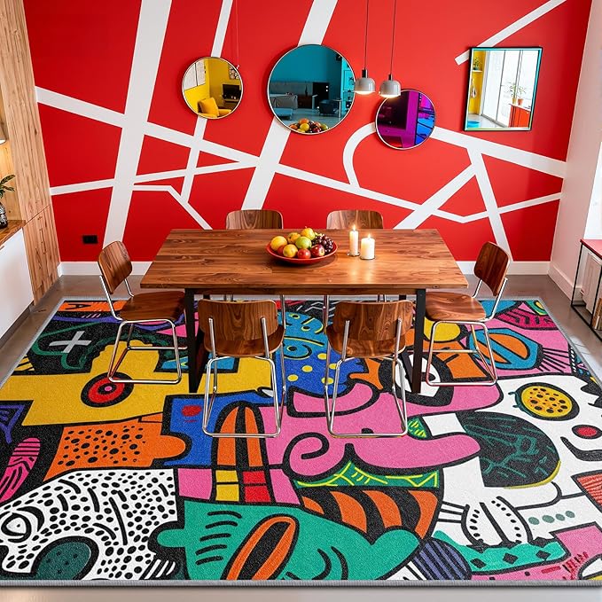 Abstract Rug 5x7-4x6 Rug - Abstract Rug - Colorful Pop Art Area Rug - Modern Geometric Graffiti Rugs - Multicolor Artistic Carpet - Home Decor