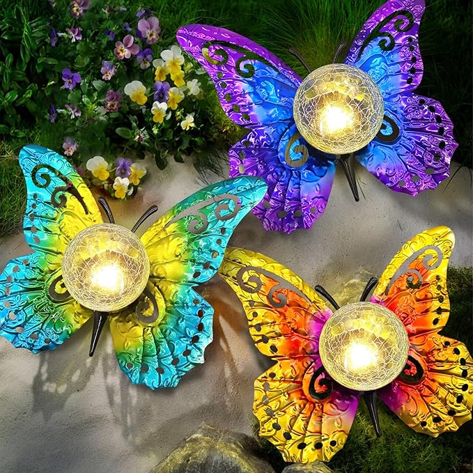 Solar Lights Outdoor Garden Butterfly Decor, Metal Butterfly Statue Decoration with LED Crackle Glass Globe, Solar Powered Lighted Garden Art Decor for Patio Lawn Yard Pathway Tabletop Ground