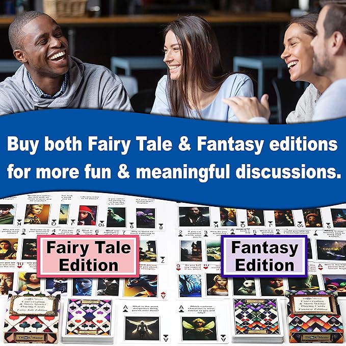 THINK2MASTER Family Conversations & Story Starter Playing Cards - Fairytale Edition 54 Cards with Fun Family Friendly Questions & Images. Play Games, Start Conversation & Storyteller - Family Game