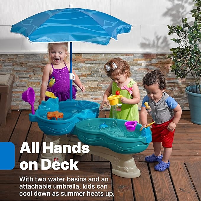 Step2 Spill & Splash Seaway Water Table, Kids Two-Tier Water and Sand Activity Sensory Playset, Comes with Umbrella, Summer Outdoor Toys, 11 Piece Toy Accessories, For Toddles 1.5+ Years Old