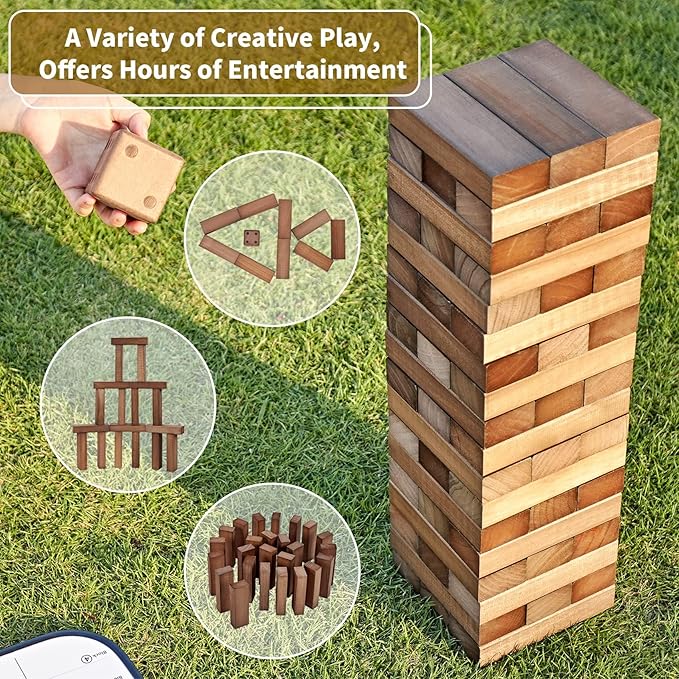 ApudArmis 60 PCS Giant Tumble Tower Stack to 5Ft, Pine Wooden Stacking Timber Game with 1 Dice Set - Classic Block Giant Outdoor Game for Adults Family (Brown)