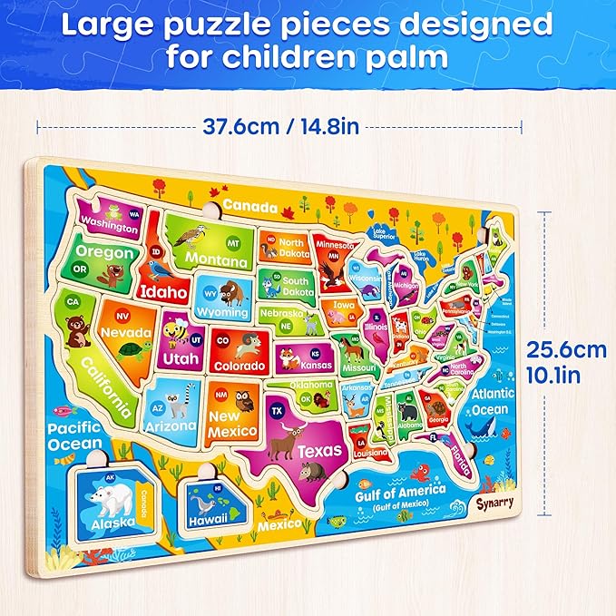 SYNARRY Large USA Wooden Puzzles for Kids Ages 3-5, Learning United States Map Puzles for Kids Ages 4-6, Wood Jigsaw Puzzles Educational Games Toys Gifts for Boys Girls Ages 3-8