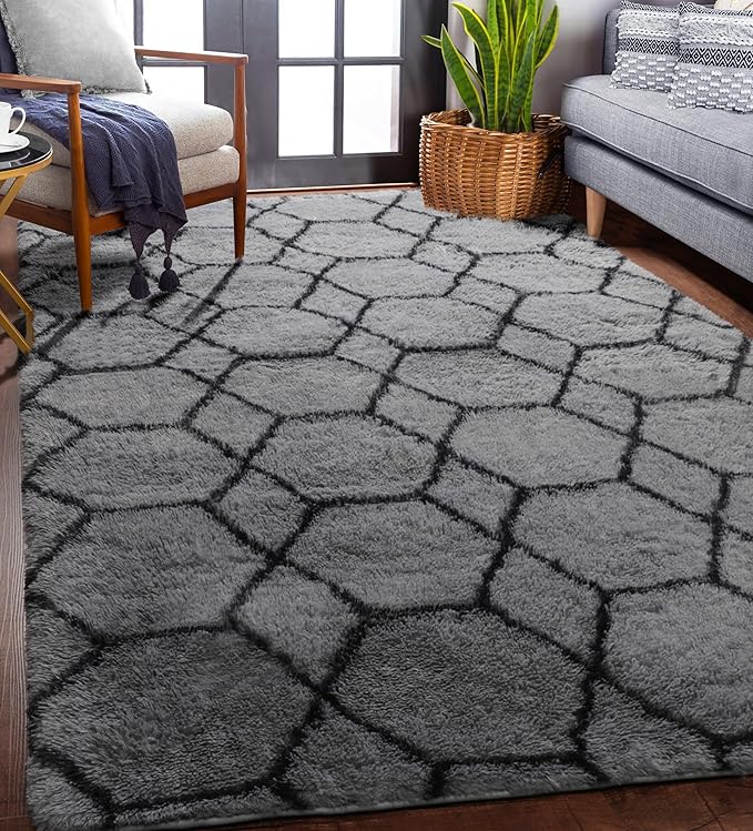 ONASAR Bedroom Living Room Area Rugs 5x8, Grey and Black Geometric Rug Floor Mat for Home Decor Aesthetic, Soft Shaggy Plush Fluffy Moroccan Carpet for Teen Nursery Playroom Dorm Classroom