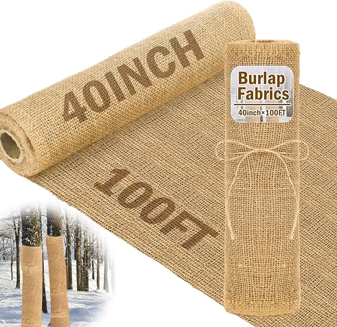 Buryeah 40 Inch x 100 ft Burlap Fabrics Roll Natural Jute Burlap Tree Wraps Protector Winter Frost Plant Blankets Cloth Weed Barrier Fabric Garden Plants for Winter Outdoor Trees Shrubs Party