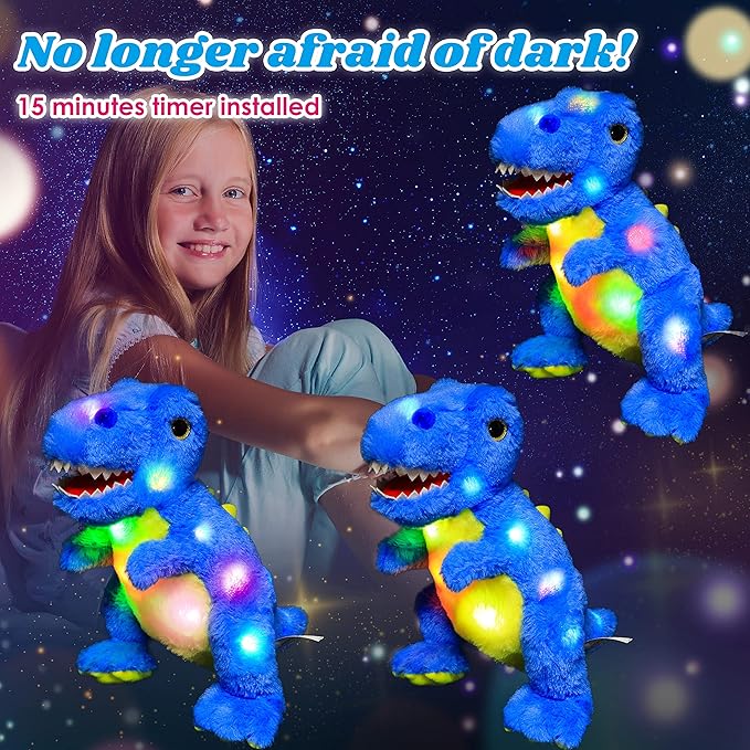 Cuteoy Light-up Plush Blue Dinosaur LED Stuffed Animal Birthday Christmas T-Rex Plushies Toy Gifts for Kids Toddler Girls, 12.5"