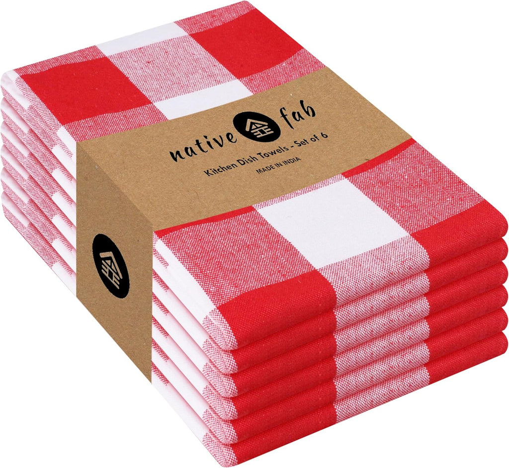 Native Fab 6-Pack Kitchen Towel with Hanging Loop 16x26 inches, Cotton Buffalo Check Kitchen Towels for Cleaning Drying, Washcloths Soft & Absorbent Cloth Rags, Bar Towel, Dish Cloth, Red