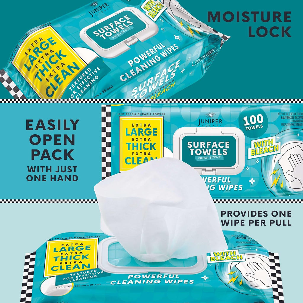 6 Packs Surface Wipes with Bleach, Thick & Large Dispose, All-Purpose Cleaner for Bathroom, Kitchen, Office, 600 Count Soft Flow, Biodegradable, Fresh Scent