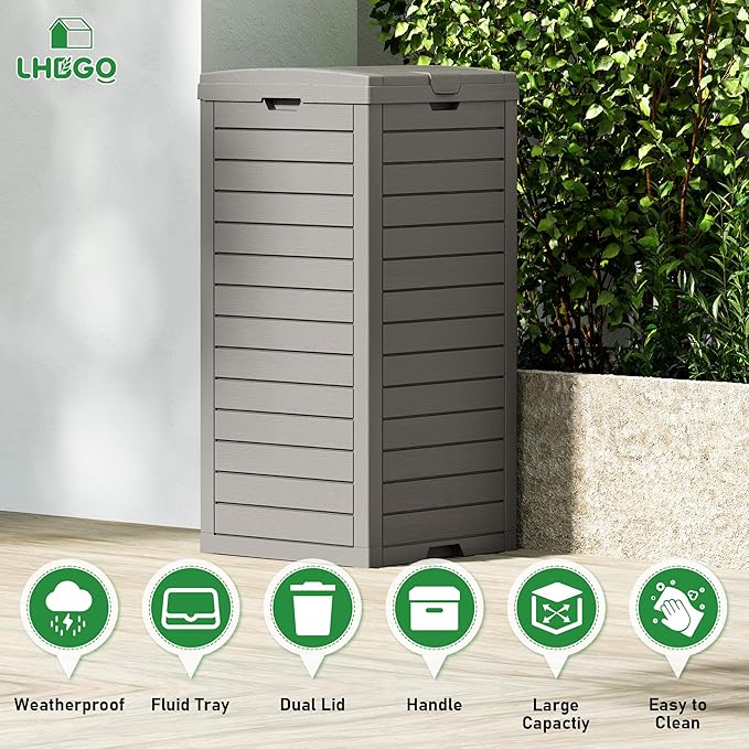 Outdoor Trash Can, 31 Gallon Garbage Can with Tiered Lid and Drip Tray, Waterproof Resin Patio Waste Bin for Garden, Backyard, Deck