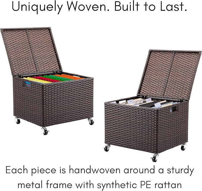 BIRDROCK HOME Rolling File Box - Storage Cabinet with Wheels - Weatherproof Rattan-Style Resin Deck Chest for Garden, Home Office - Organize Cushions, Toys, and Accessories - Storage Box - Espresso