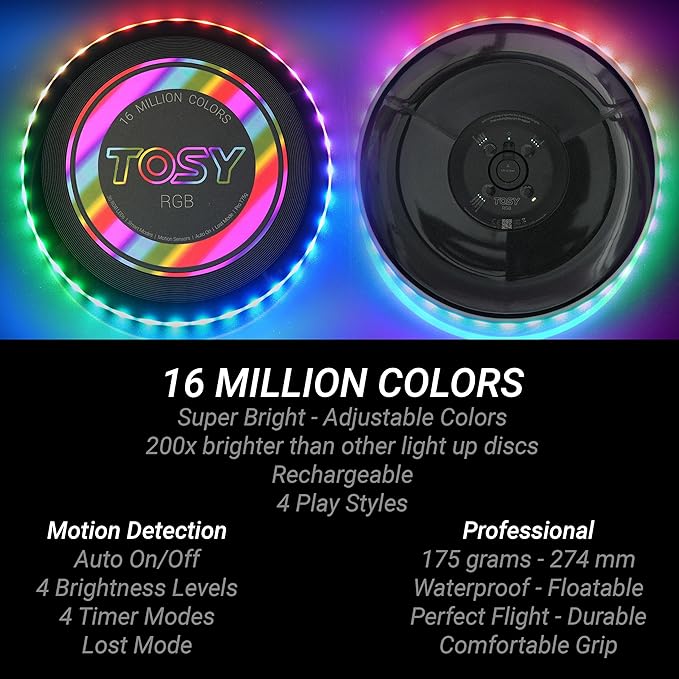 TOSY Flying Disc - 16 Million Colors RGB or 36 LEDs, Extremely Bright, Smart Modes, Camping Essentials for Teens/Kids/Adults/Men/Boys/Girls, Auto Light Up, Rechargeable, Waterproof, 175g