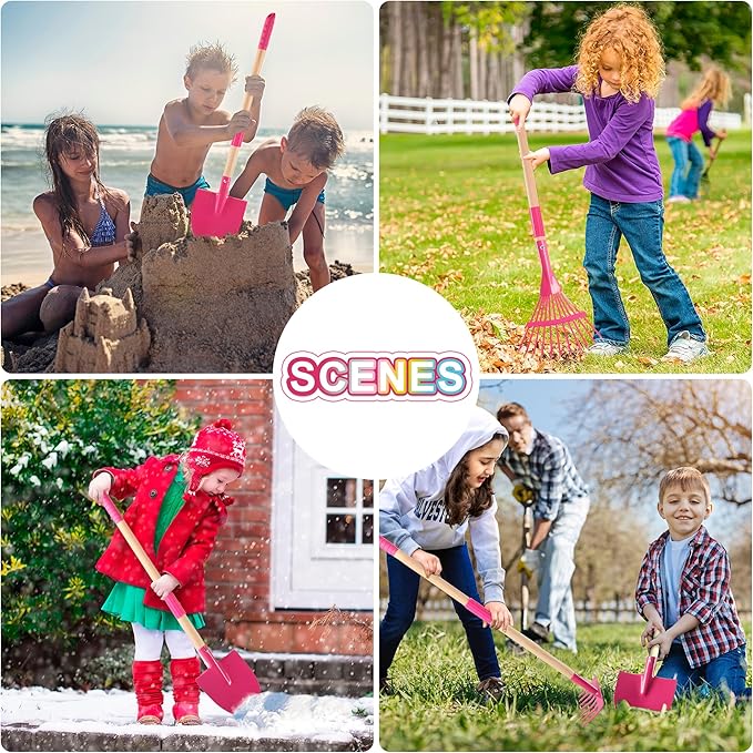 Duckura Kids Gardening Tools Set - 7pcs Wheelbarrow Set for Kids with Shovel, Rake, Leaf Rake, Summer Outdoor Yard Digging Weed Toys, Halloween Birthday Gifts for Boys Girls Age 2 3+ Years Old(Pink)