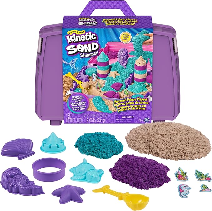 Kinetic Sand, Mermaid Palace Playset Folding Sandbox with 2.06lbs Play Sand (Neon Purple, Shimmer Teal & Beach), Tools, Sensory Toys, Holiday Gifts & Stocking Stuffers for Kids Ages 3 and up