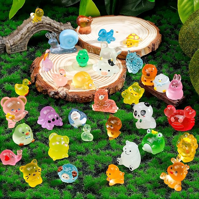 80 Pcs Luminous Mini Resin Animals 80 Styles Tiny Little Glow in The Dark Animal Figures to Hide Miniature Ducks Figurines for Party Favors DIY Fairy Garden Dollhouse Micro Landscape Aquarium Decor