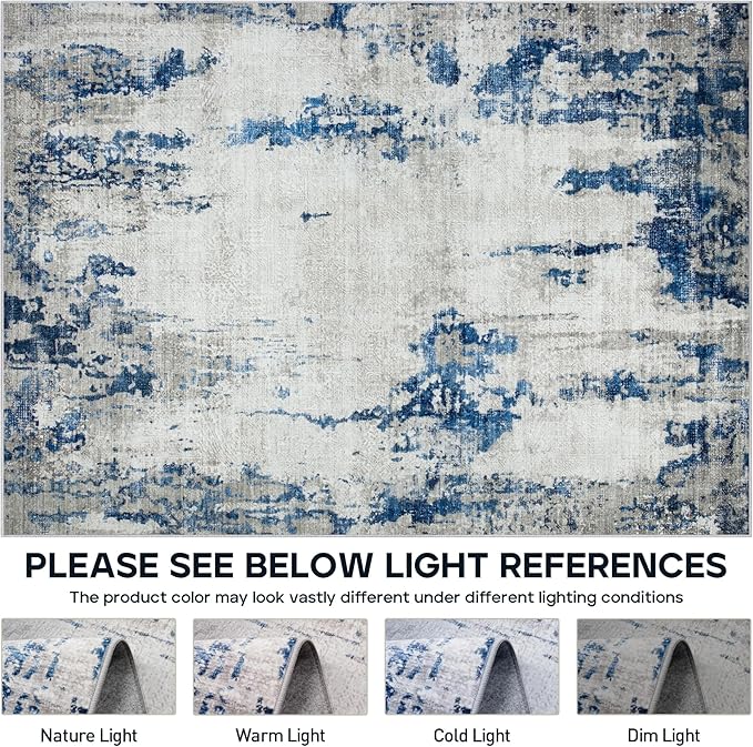 6x9 Area Rugs for Living Room Rug Washable: Modern Rug for Dining Room Bedroom Carpet Non Slip Low Pile 6 by 9 Indoor Abstract Nursery Home Office Blue White
