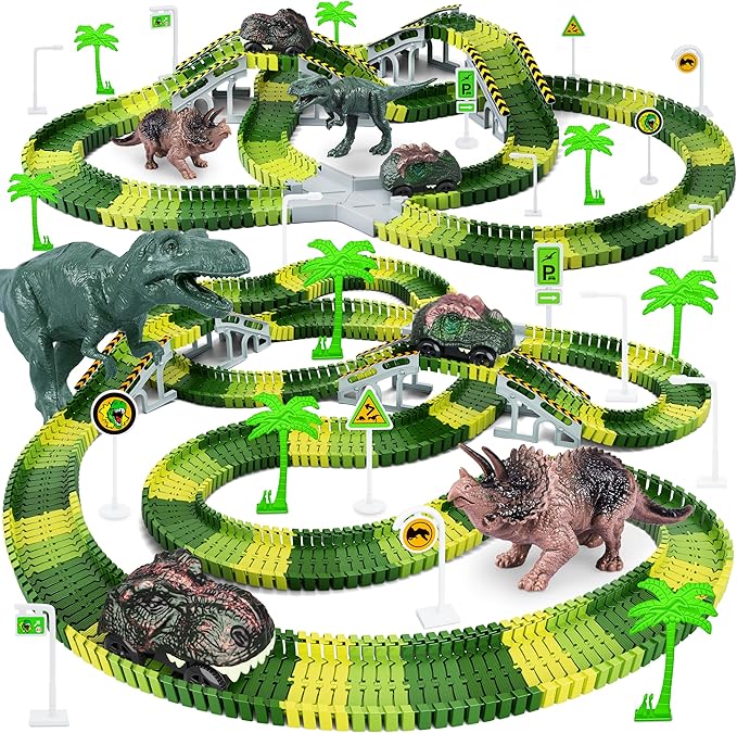 Dinosaur Toys,Create A Dinosaur World Road Race,Flexible Track Playset and 2 pcs Cool Dinosaur car for 3 4 5 6 Year & Up Old boy Girls Best Gift
