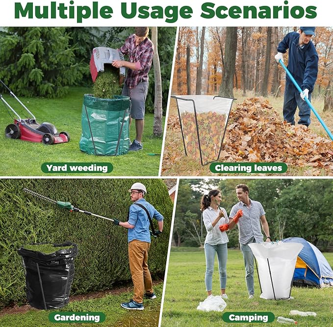 2PCS Outdoor Trash Bag Holder Metal Garden Trash Bag Holder for Yard Waste Stand Holds 30-45 Gallons Leaf Bag Holder with 4 Clips for Leaves Camping Lawn Party Weeding Yard Gardening（2pcs+8clips）